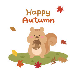 A cute squirrel holding an acorn with the phrase "Happy Autumn" written on it against a background of falling leaves. Perfect for autumn-themed designs and children's content illustrations.