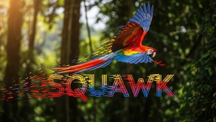 SQUAWK – Scarlet macaw in jungle canopy; vibrant wingbeats scattering into multicolored tribal block letters