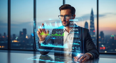 Man in suit interacting with futuristic transparent screen displaying financial data and city background ai generated
