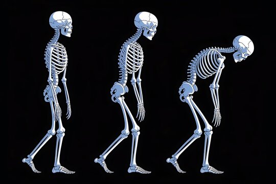 Side view of human skeletons showing progressive spinal curvature and posture degeneration on black background