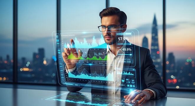 Man in suit interacting with futuristic transparent screen displaying financial data and city background ai generated
