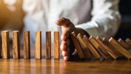 Close-up of hand stopping falling wooden dominoes on wooden surface—chain reaction halted mid-sequence, symbolizing intervention, control, decision-making, and risk management in action.
