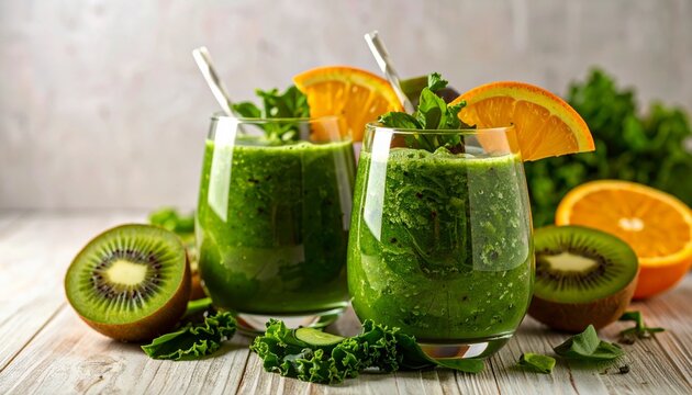 Two glasses of vibrant green smoothie garnished with orange slices, surrounded by kiwi, cucumber, kale, and halved oranges&mdash;bright, fresh, and nutrient-rich on clean white background.