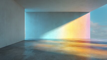 Sun rays entering room to colorful floor. Backdrop for minimalist design