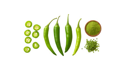 Two green bird's eye chilies, five slices of green chili, and green chili powder arranged attractively

