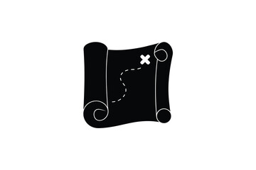 A black and white illustration of a treasure map with a dotted path silhouette