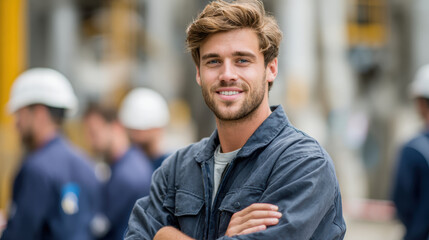 Obraz premium Smiling young engineer workwear with crossed arms industrial site