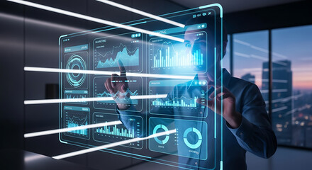 Man interacting with a futuristic transparent screen displaying complex data visualizations and charts ai generated