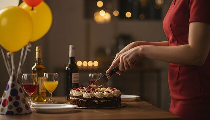 Woman cutting cake at festive party with balloons and drinks