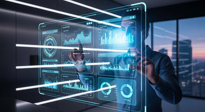 Man interacting with a futuristic transparent screen displaying complex data visualizations and charts ai generated - Powered by Adobe