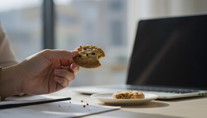 Woman holding chocolate cookie at desk indoors  