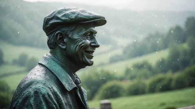 Bronze statue of smiling man in flat cap surrounded by misty countryside hills and soft raindrops under atmospheric outdoor scenery