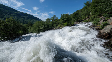 Rushing waterfall with mountain and forest under blue sky