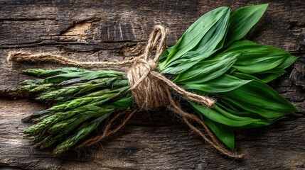 Fresh asparagus and wild ramps bound together