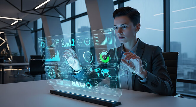 Woman in suit interacting with futuristic transparent screen displaying data visualizations in office ai generated