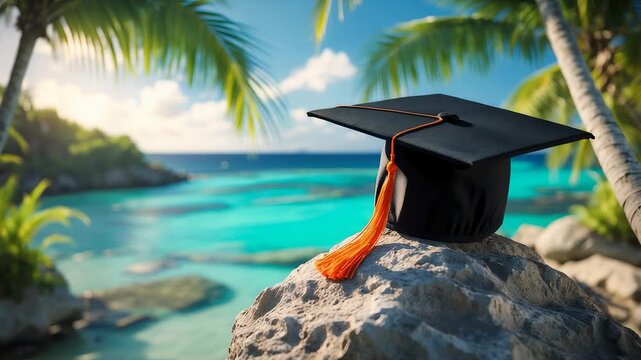 Graduation Cap Rock Beach Ocean Palm Trees Sky Water Tropical Celebration Success Education Nature