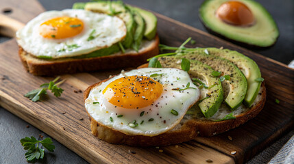 Healthy avocado toast with eggs and herbs for a nutritious breakfast on a wooden board image