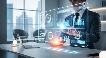 Man in suit interacting with e commerce data on futuristic transparent interface in office setting ai generated