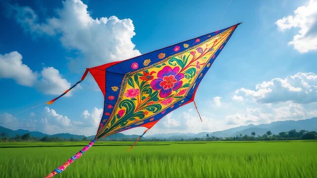 Colorful Kite Flying Sky Field Grass Mountains Clouds Outdoor Fun Activity Play Wind Day