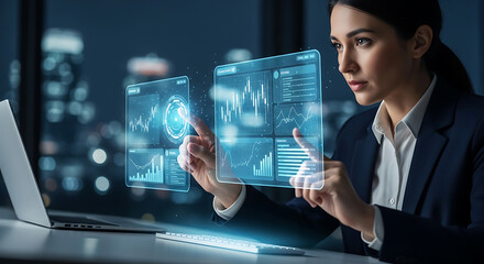 Businesswoman interacting with holographic data interfaces in a modern office setting at night ai generated
