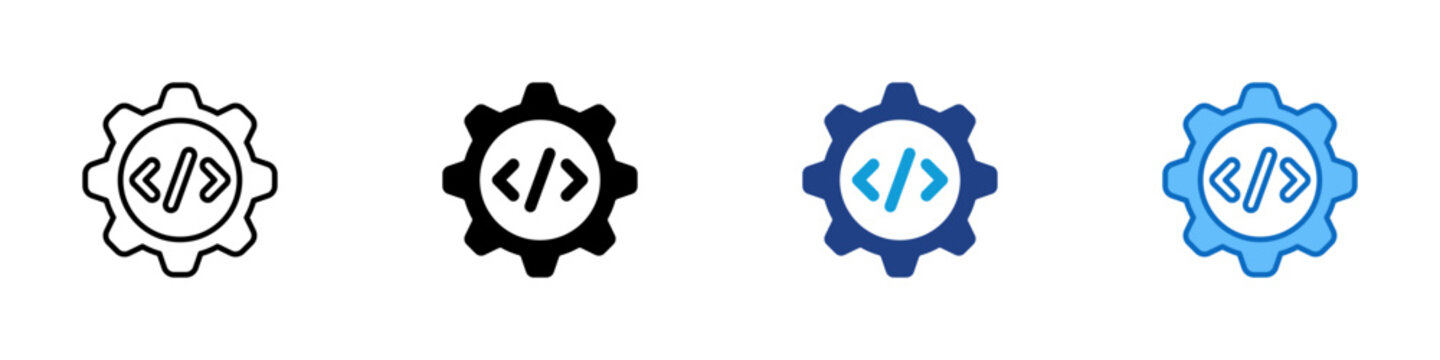 Dev Gear Multiple Style Icon Vector Design - Gear with code symbol in center, representing software engineering or development configuration