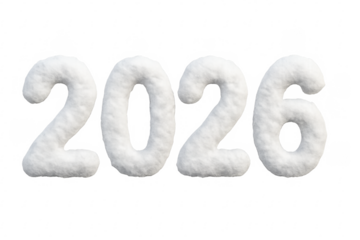 2026 made of snow on transparent background representing new year's eve