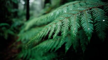 Closeup of vibrant green fern fronds with dew drops in dense woodland, natural textures and fresh atmosphere, eyelevel shot with copy space on the right