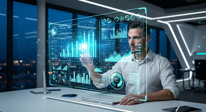 Man interacting with futuristic holographic interface showing data graphs and charts in modern office ai generated