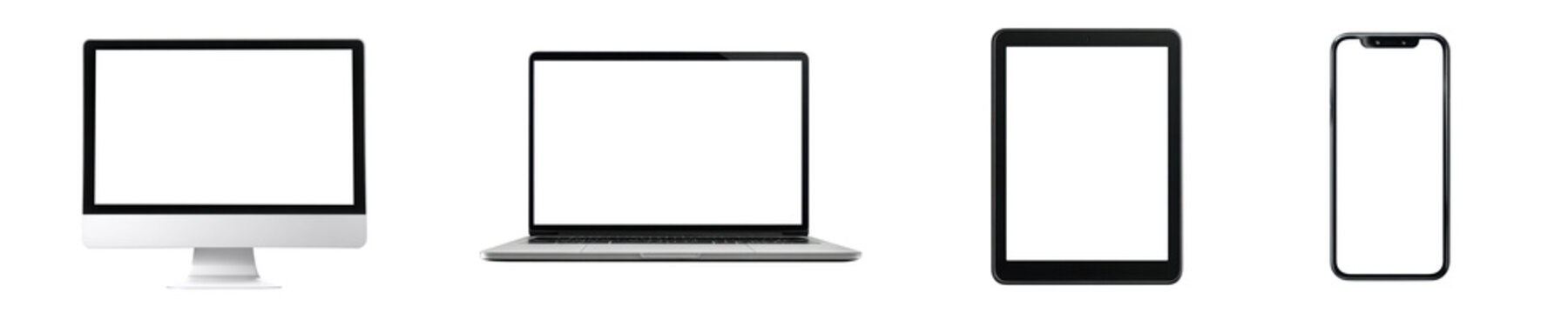 set of technology devices: computer monitor, laptop, mobile tablet, smartphone with blank screen isolated on white or transparent png