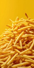 Golden french fries piled high against a bright yellow background