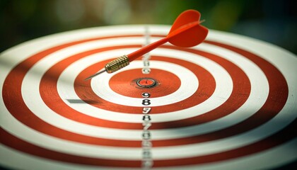 Red dart embedded in bullseye of red-and-white target with concentric rings labeled “10”, “25”, “50”—symbolizing precision, accuracy, success, and goal achievement in a bold visual metaphor.