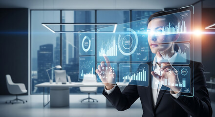 Woman interacting with transparent interface displaying data charts in modern office space ai generated