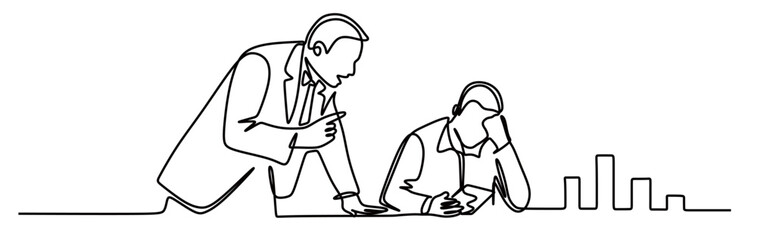 Continuous line art of a boss scolding a subordinate with a descending graph beside him. Vector illustration