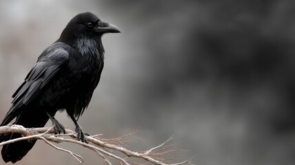 Fototapeta premium Closeup of a ominous carved wooden raven perched on a branch against a dark misty background with eerie and mysterious atmosphere