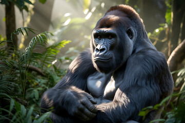 Obraz premium Majestic gorilla portrait in lush jungle environment, wildlife conservation imagery, powerful primate gaze, captivating animal encounter, nature's gentle giant