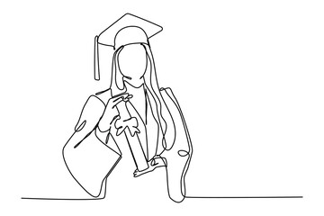 Obraz premium Graduate girl wearing cap and gown continuous one line art. Graduation concept in single line art illustration.