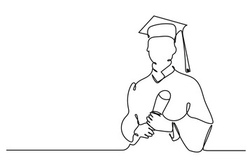 Graduate students wearing cap and gown continuous one line art. Graduation concept in single line art illustration.  © Creative BD07