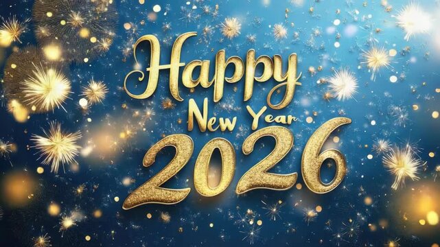 Glittering celebration of happy new year 2026 with fireworks and golden sparkles. Happy New Year 2026