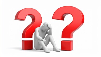 White humanoid figure sitting with hand on head in front of large red question mark on light gray gradient background&mdash;symbolizing confusion, contemplation, and emotional struggle.
