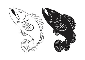 Fototapeta premium Bass Fish Vector Illustration, Black and White Freshwater Predator Silhouette