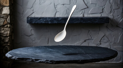 Minimalist spoon floating above rustic stone surface with textured gray wall background design