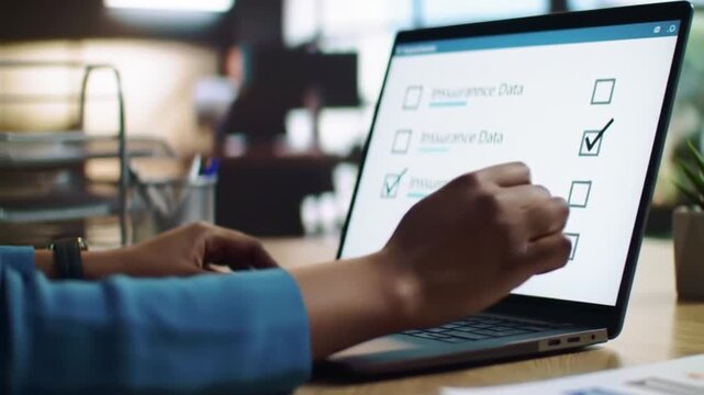 Person completing insurance data checklist on a laptop with a finger pointing at the screen