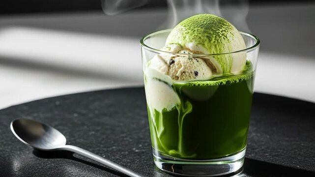 Delicious Matcha Ice Cream Float Dessert Served in Glass.