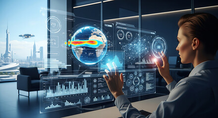 Woman interacting with holographic display showing earth and data in a futuristic city ai generated