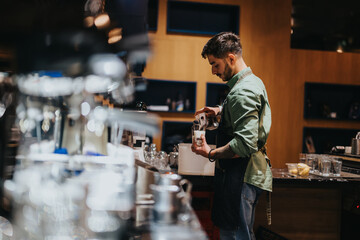 A skilled barista prepares a beverage in a modern cafe setting, focusing on precision. The atmosphere is warm, with professional equipment surrounding them. This scene captures both artistry and