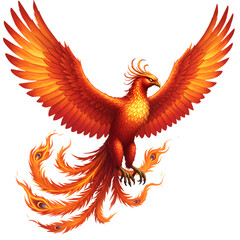 Fototapeta premium A majestic phoenix with outstretched wings, symbolizing rebirth and immortality, depicted in vibrant fiery colors against a clean transparent background