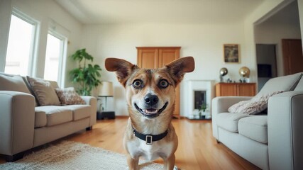 Happy brown dog with upright ears standing in modern living room interior with cozy furniture, wooden floor, and bright natural sunlight