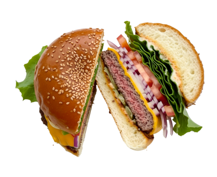 a half of hamburger on a white ceramic plate and table background. Top view.