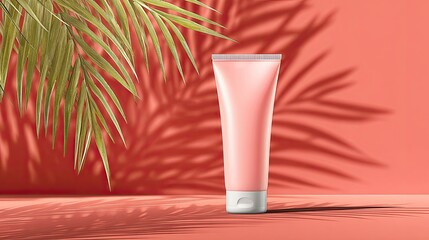 Pink tube of cosmetic product, tropical shadow