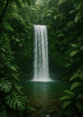 Obraz premium Serene waterfall amidst lush greenery.